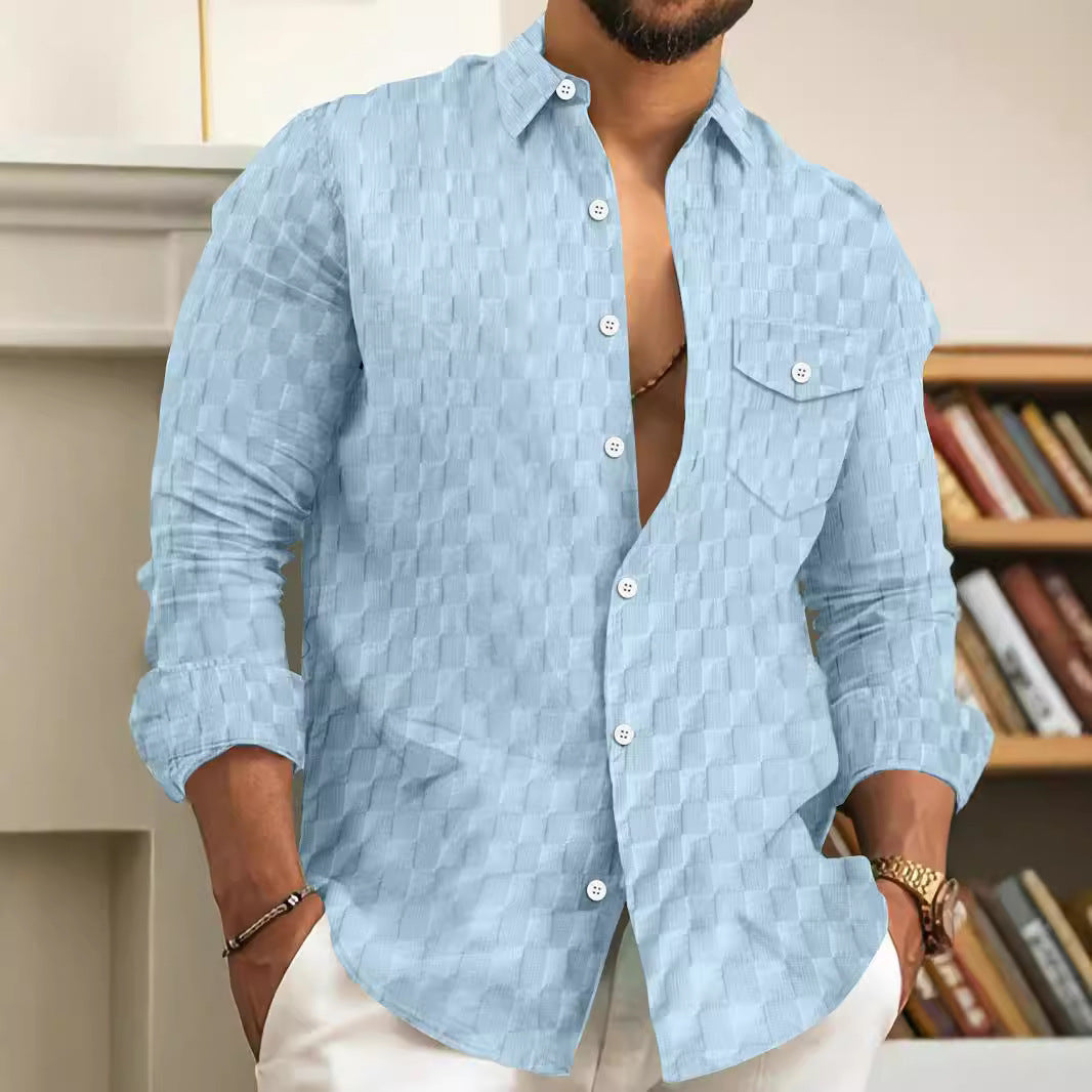 Men's Plaid Jacquard Chest Pocket Lapels Long Sleeve Lapel Shirt